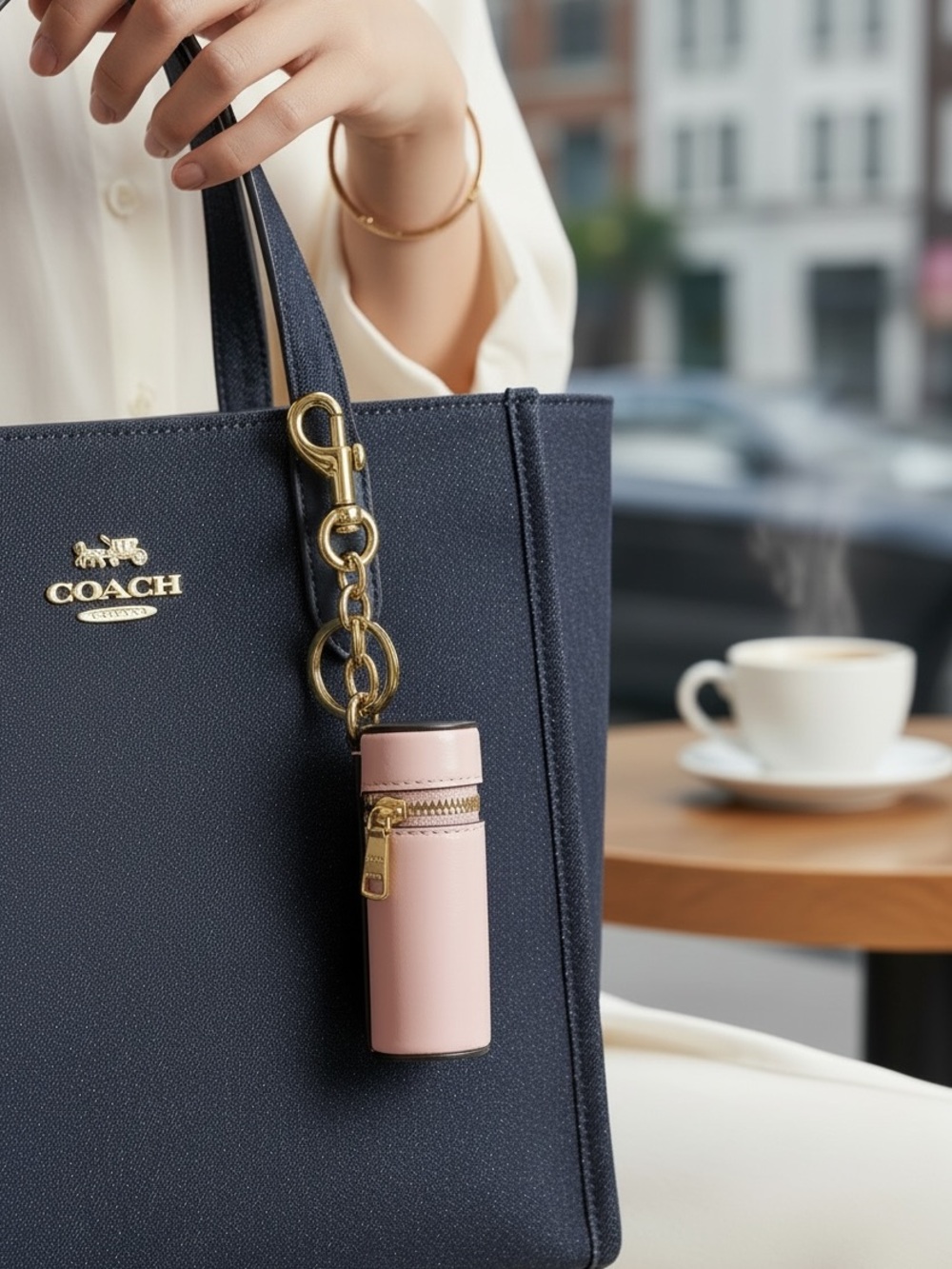 Coach Lipstick Case Bag Charm CEM91 Pink Glazed Leather Keychain NWT